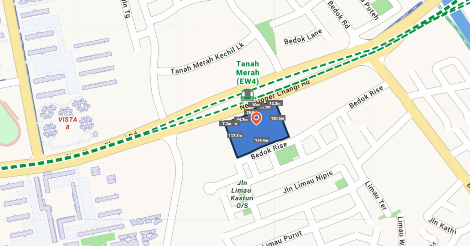 Site boundary map of the Bedok Rise land parcel between New Upper Changi Road and Bedok Rise, beside Tanah Merah MRT station (EW4)
